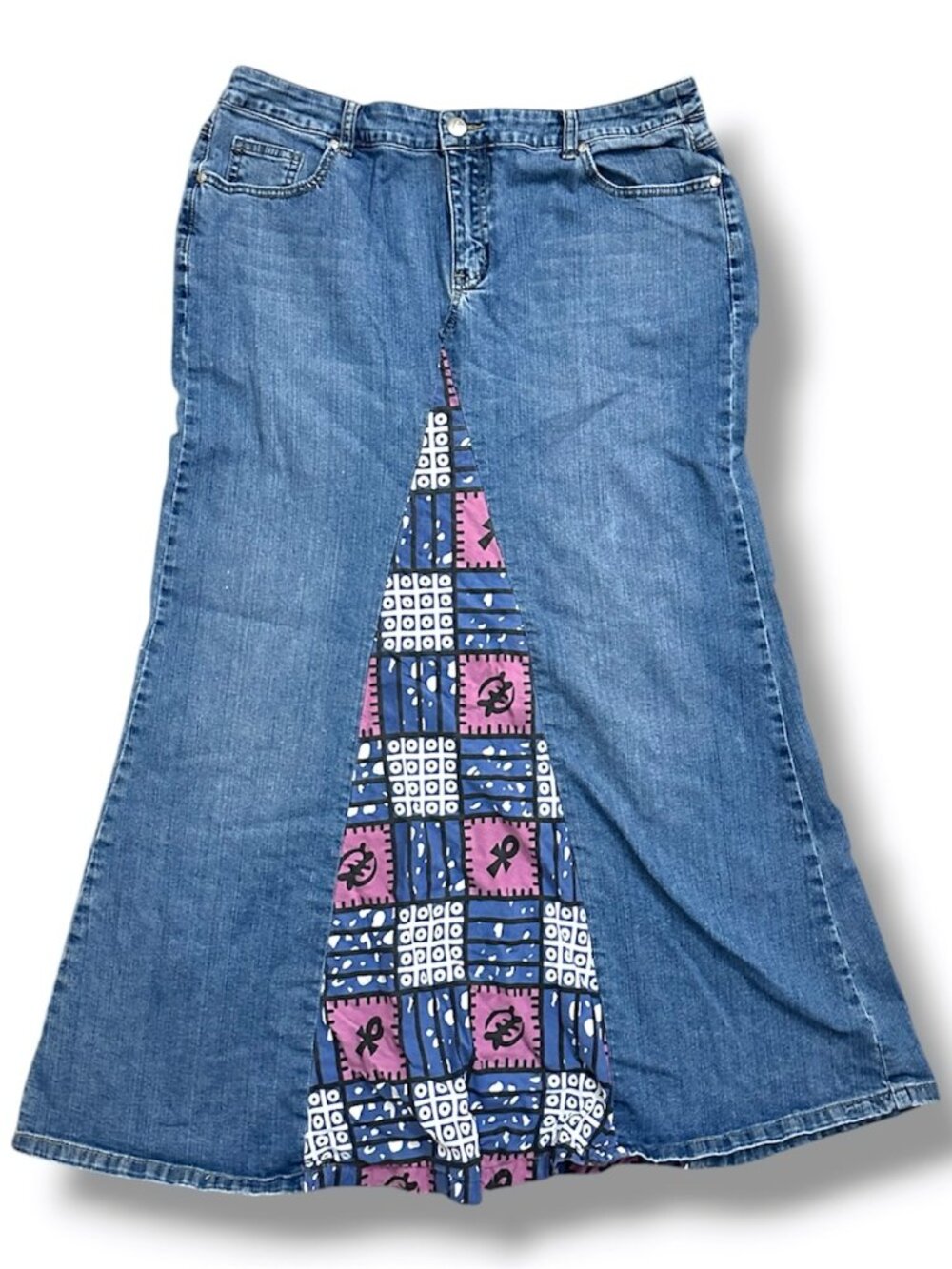 Vintage 90s Ashro Denim Patchwork Maxi Skirt Women's Size 14 Hippie Boho Fairy